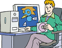 パソコンの前に座ってホームページを作製している若者のイラスト